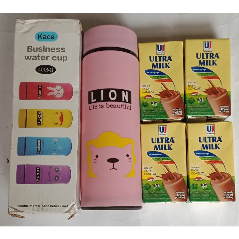 

paket susu ultra 125ml 4pcs + botol kaca animal
