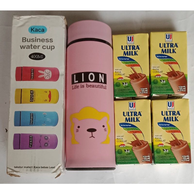 

paket susu ultra 125ml 4pcs + botol kaca animal