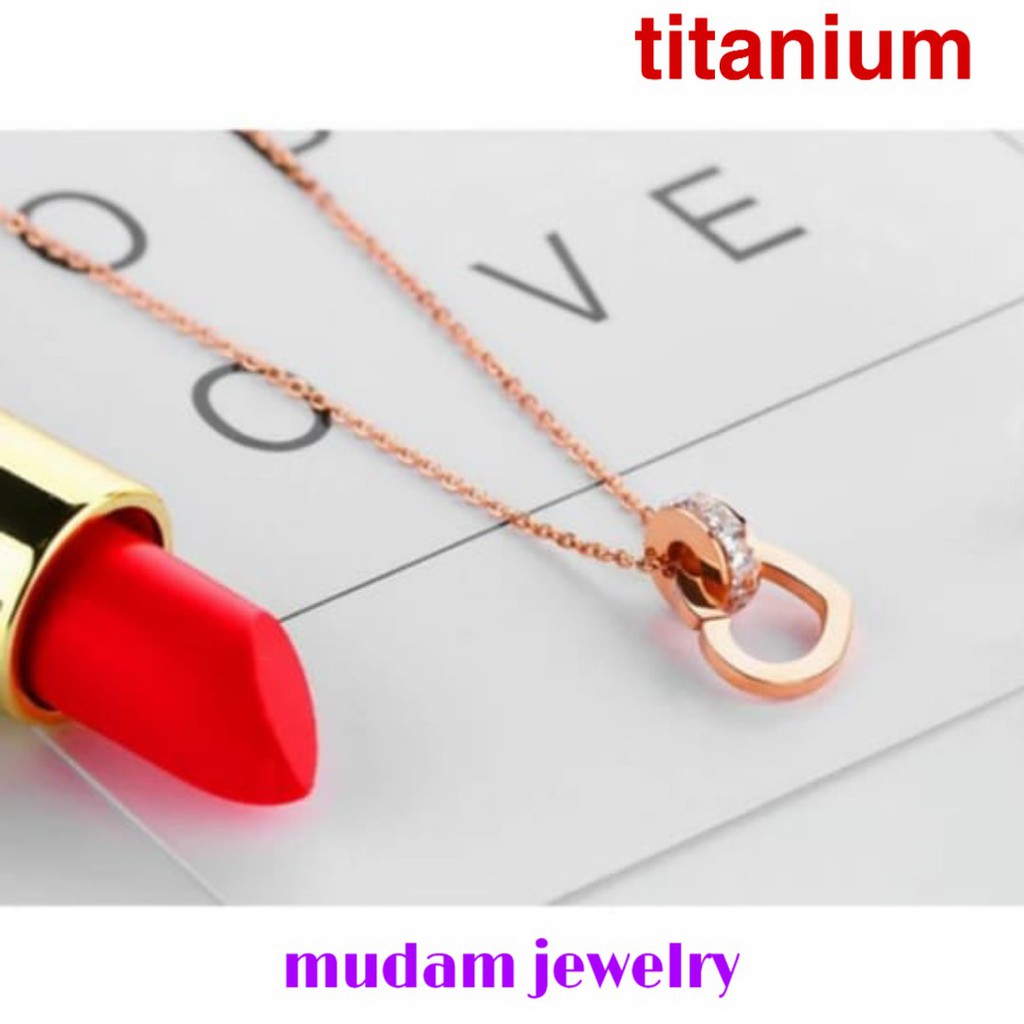 Kalung Titanium Love Ring Kristal Putih Rose Gold dan Gold