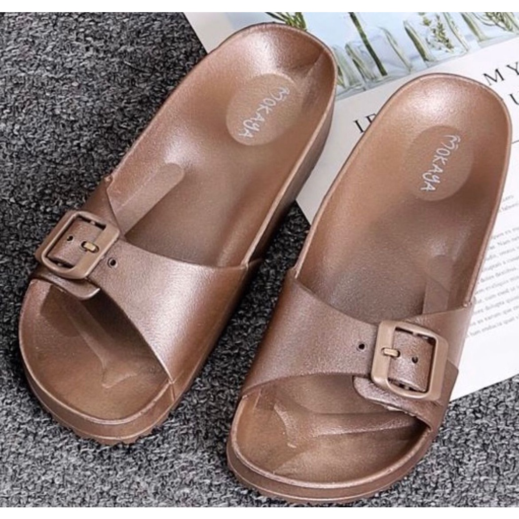 [BEST SELLER] Sandal Slop Jelly Wanita Gesper Simple Casual Cantik Import Mokaya/Sz 36-40 (B-2171-53)-Coklat Gold