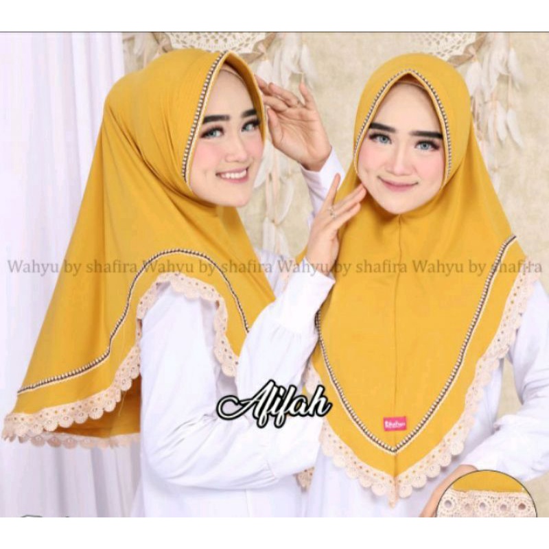 afifah hijab. hijab instan. hijab renda kombinasi pita.