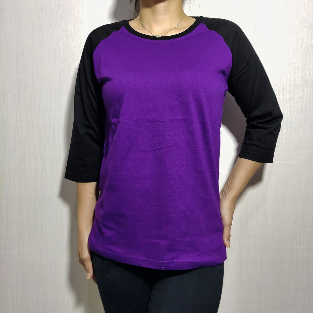 kaos polos reglan ungu lengan hitam 3/4 20 22 S M L XL XXL