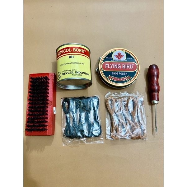 Paket Murah Alat Jahit Sepat Jarum + Tali Benang Coklat Hitam + Lem + Sikat Semir + Shoe Polish