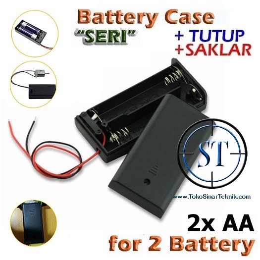 2x AA Battery Holder Baterai Case Batere Box Kotak Baterai Charger AA + Tutup Saklar Dudukan Batre AA isi 2