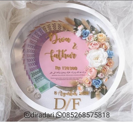 Mahar Shabby Frame Bulat Putih Pernikahan Wedding Lamaran Uang Kuno