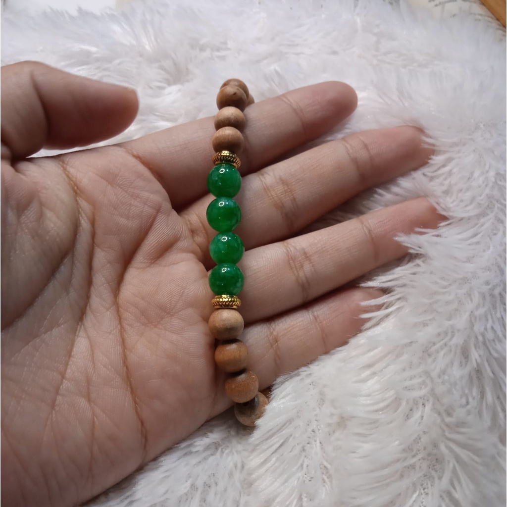 Gelang Batu Original Handmade Kayu Cendana Kombinasi Batu Alam Giok Hijau