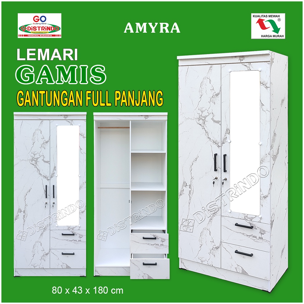 Distrindo - Lemari Pakaian 2 Pintu PUTIH GAMIS Gantungan Panjang + 2bh LACI dan Cermin Panjang