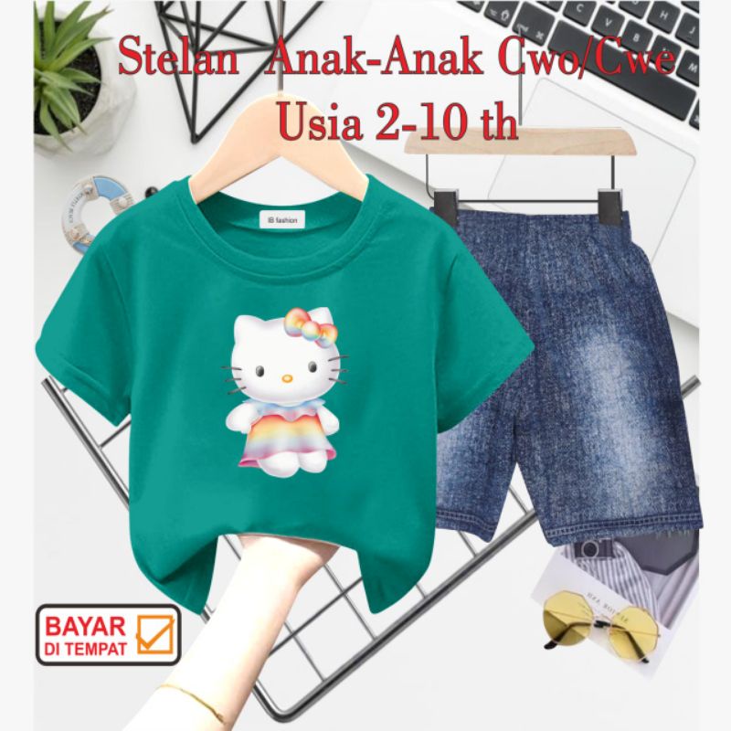 ((IB))SETELAN ANAK PEREMPUAN SEMI JEANS/HELLO DIGITAL SABLON