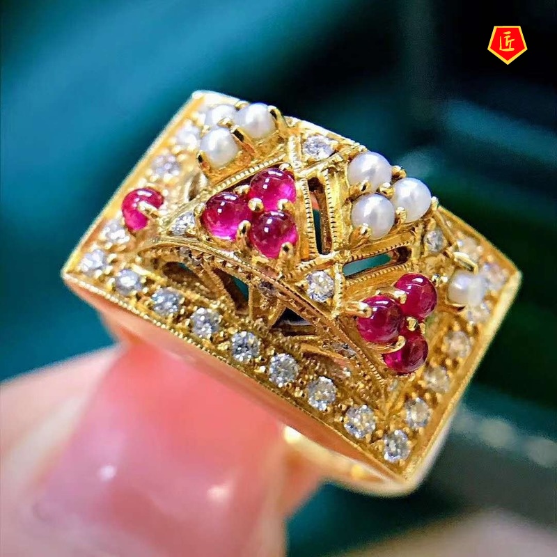 [Ready Stock]Luxury Pearl Micro-Inlaid Full Diamond Ring 18K Gold