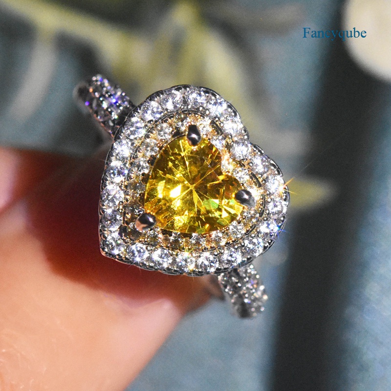 Cincin Lapis Ganda Bentuk Hati Aksen Batu Permata Kristal Zirkon Warna Kuning Untuk Pernikahan