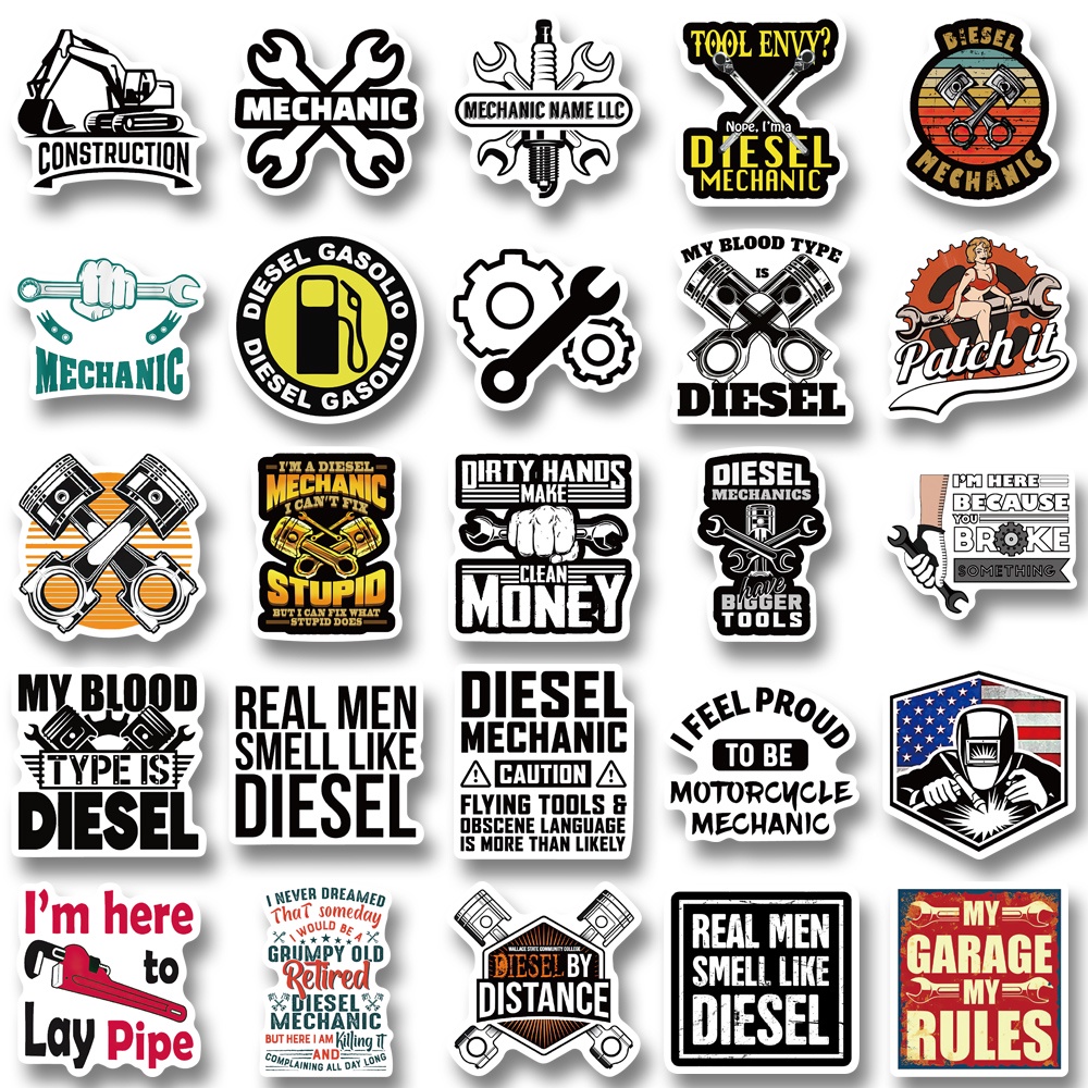 50 Pcs Stiker Motif Kartun Diesel Mekanik Tahan Air Untuk Dekorasi Laptop