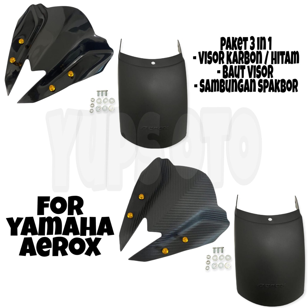 3IN1 PAKET UNTUK AEROX VARIASI MOTOR SAMBUNGAN SPAKBOR AEROX + VISOR AEROX KARBON / HITAM + BAUT VISOR CNC GOLD PENDEK 4BIJI UNIVERSAL SEMUA MOTOR AEROX