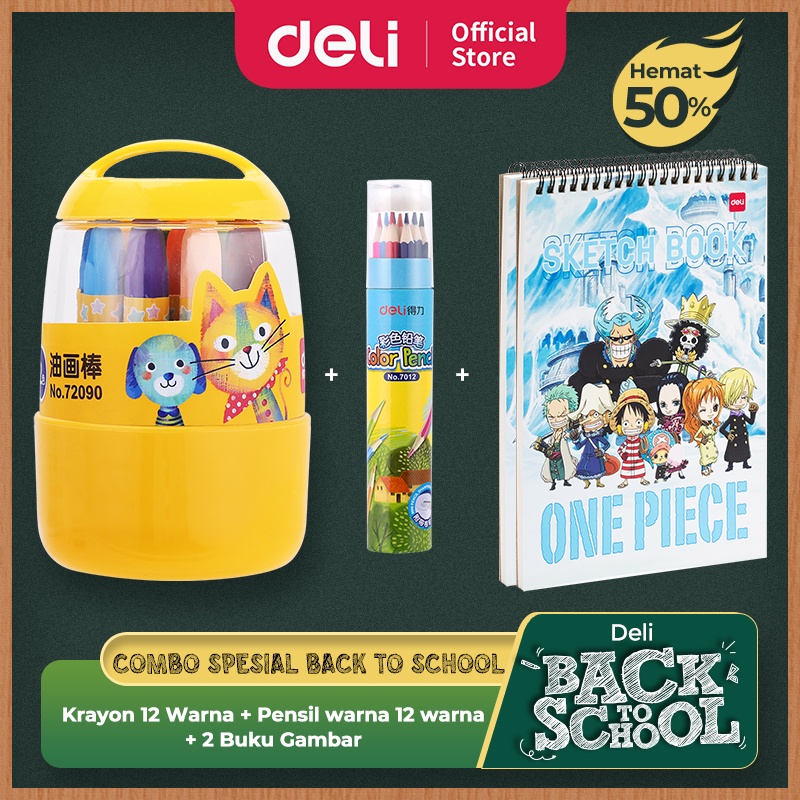 

[ DELI Back to School COMBO HEMAT 13] Krayon 12 Warna, Pensil Warna 12 Warna, Buku gambar