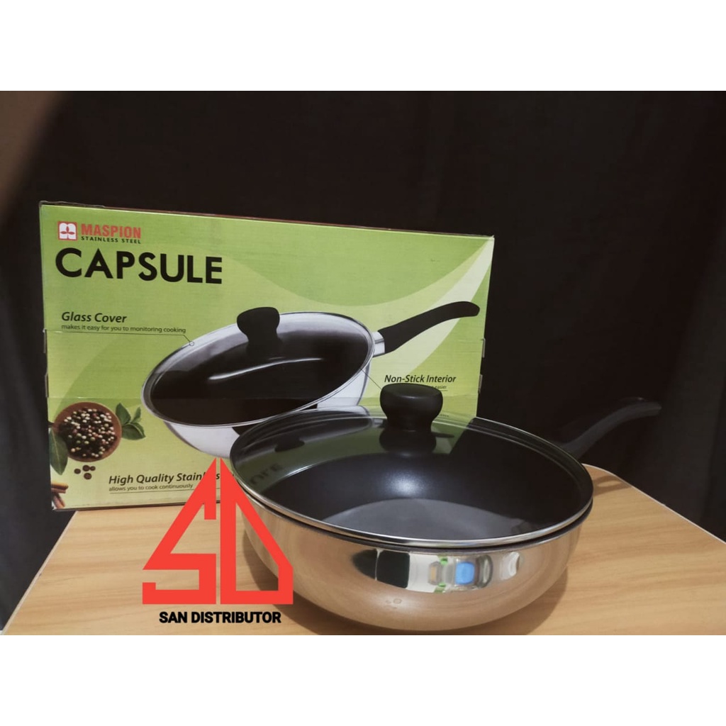 Maspion Frypan Wok Capsule 26 cm - Wajan Stainless Steel Anti Lengket + tutup kaca