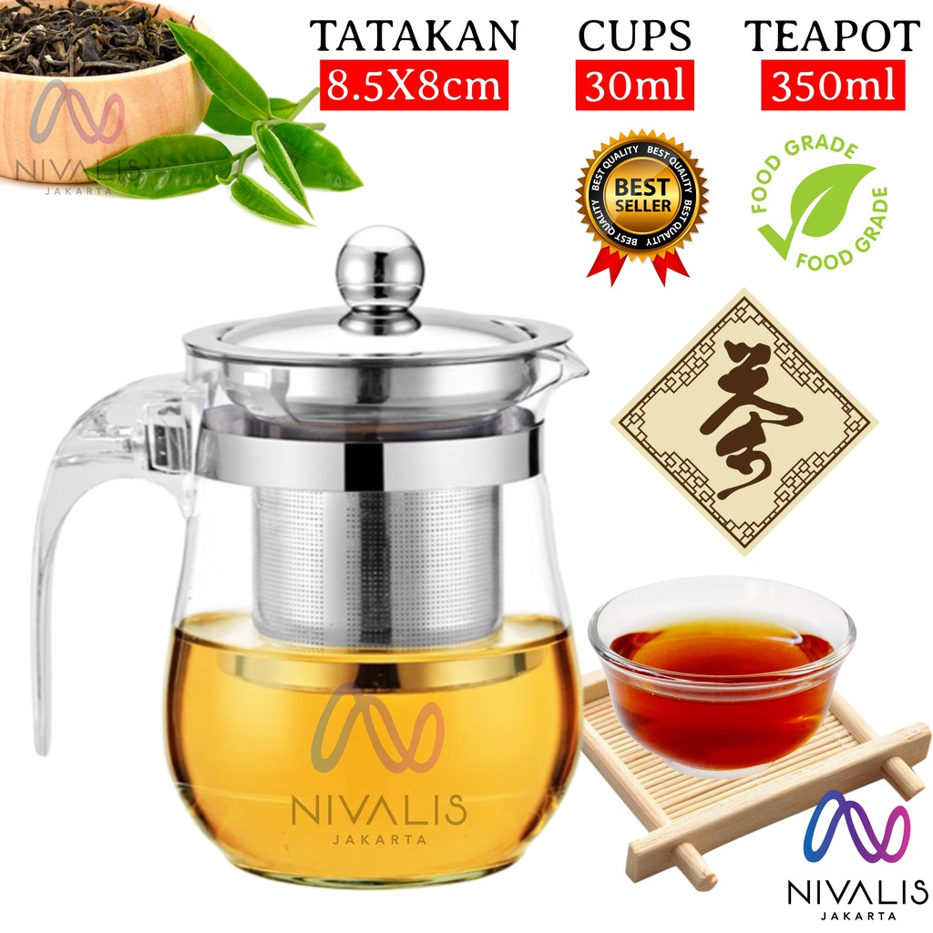 TEAPOT KACA 350ML C16 SARINGAN TEH STAINLESS TEKO TEAPOT GLASS / GELAS KECIL KACA TATAKAN BAMBU