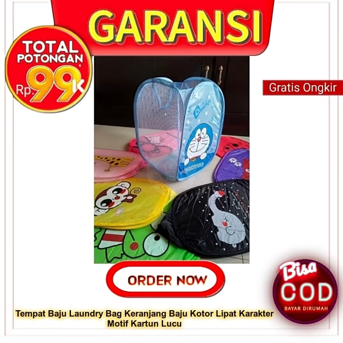Tempat Baju Laundry Bag Keranjang Baju Kotor Lipat Karakter Motif Kartun Lucu