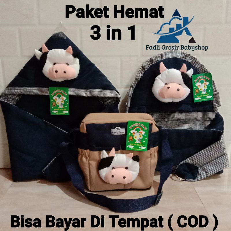 Selimut Bayi Boneka Sapi Tas Bayi Boneka Sapi Dan Gendongan Bayi Samping Boneka sapi ( 3 In 1 )