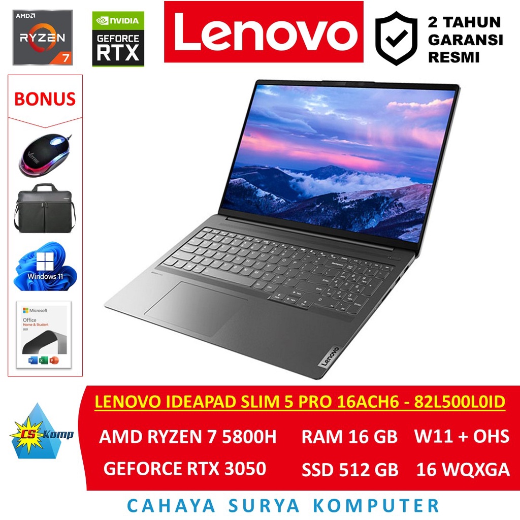Lenovo IdeaPad Slim 5 Pro 16ACH6-82L500L0ID Strom Grey | AMD Ryzen 7 5800H | RTX 3050 | RAM 16GB | S