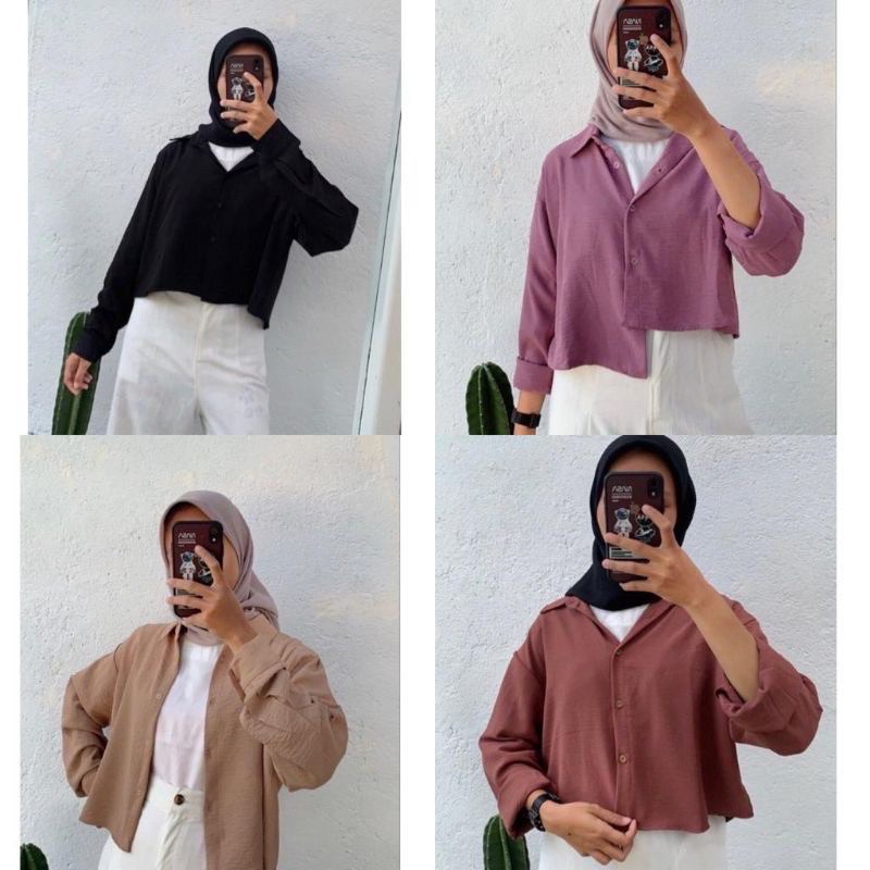 Kemeja Hanin Crop Wanita Crincle Fhanel Premium Keisya Rayon Crinkle Airflow Candy Grosir