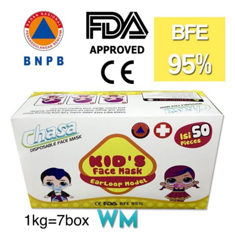 Masker Medis Anak 3ply Earloop Isi 50 - Masker Bedah Medis Surgical Mask Earloop Anak