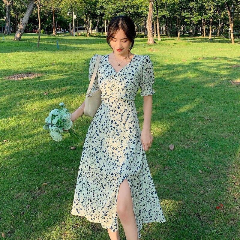 Dress Bunga Wanita Korean Style V Neck Dress Flory Broken White - IMPORT