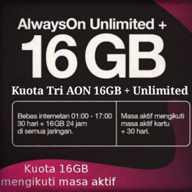 Kuota Injek Tri Three 16gb 10gb 8gb 6gb Aon Always On Unlimited Ikut Masa Aktif Shopee Indonesia