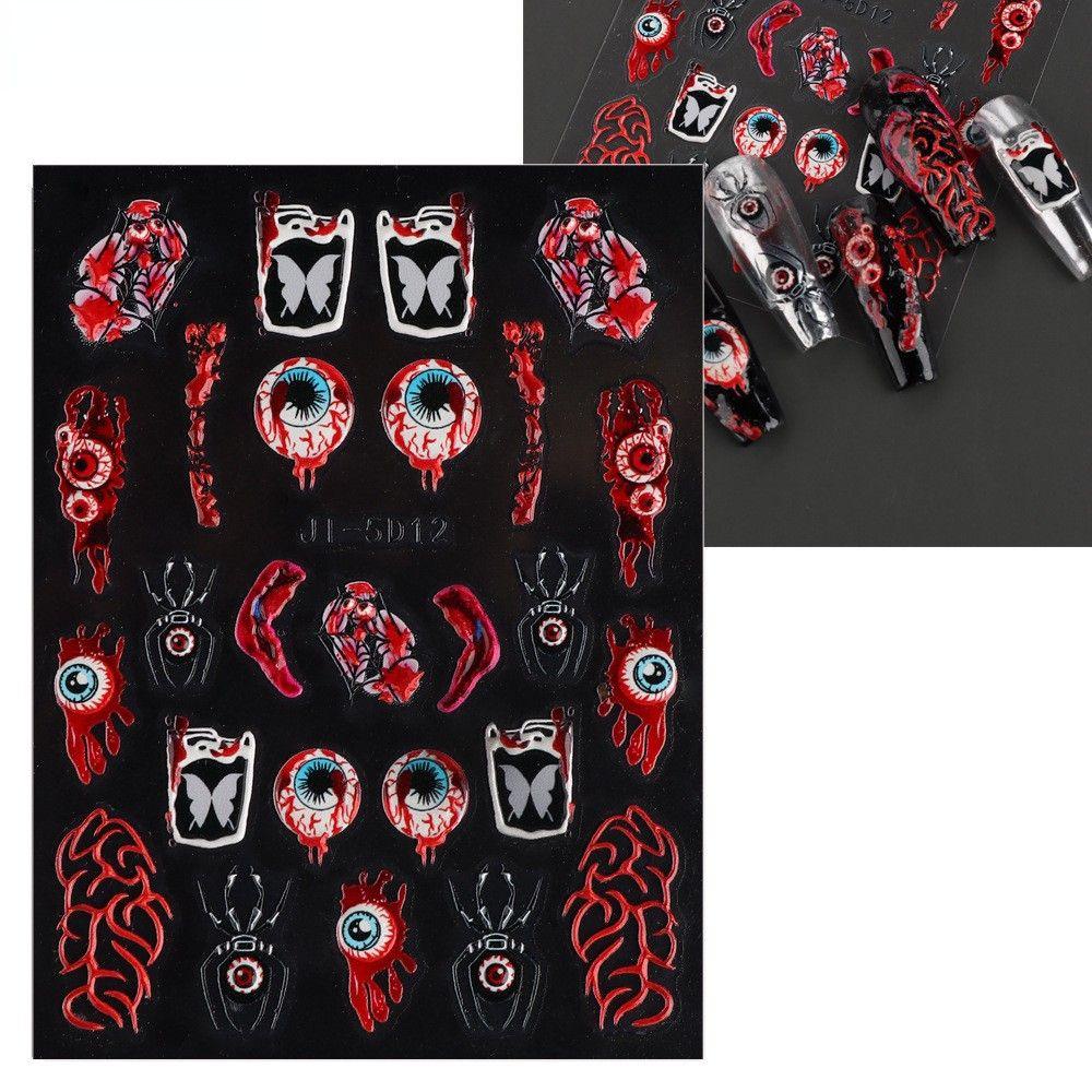 Needway   Kuku Timbul Stiker DIY Darah Horror Mata Mawar Hantu Tulang Kuku Salon Halloween Manicuring Sticker