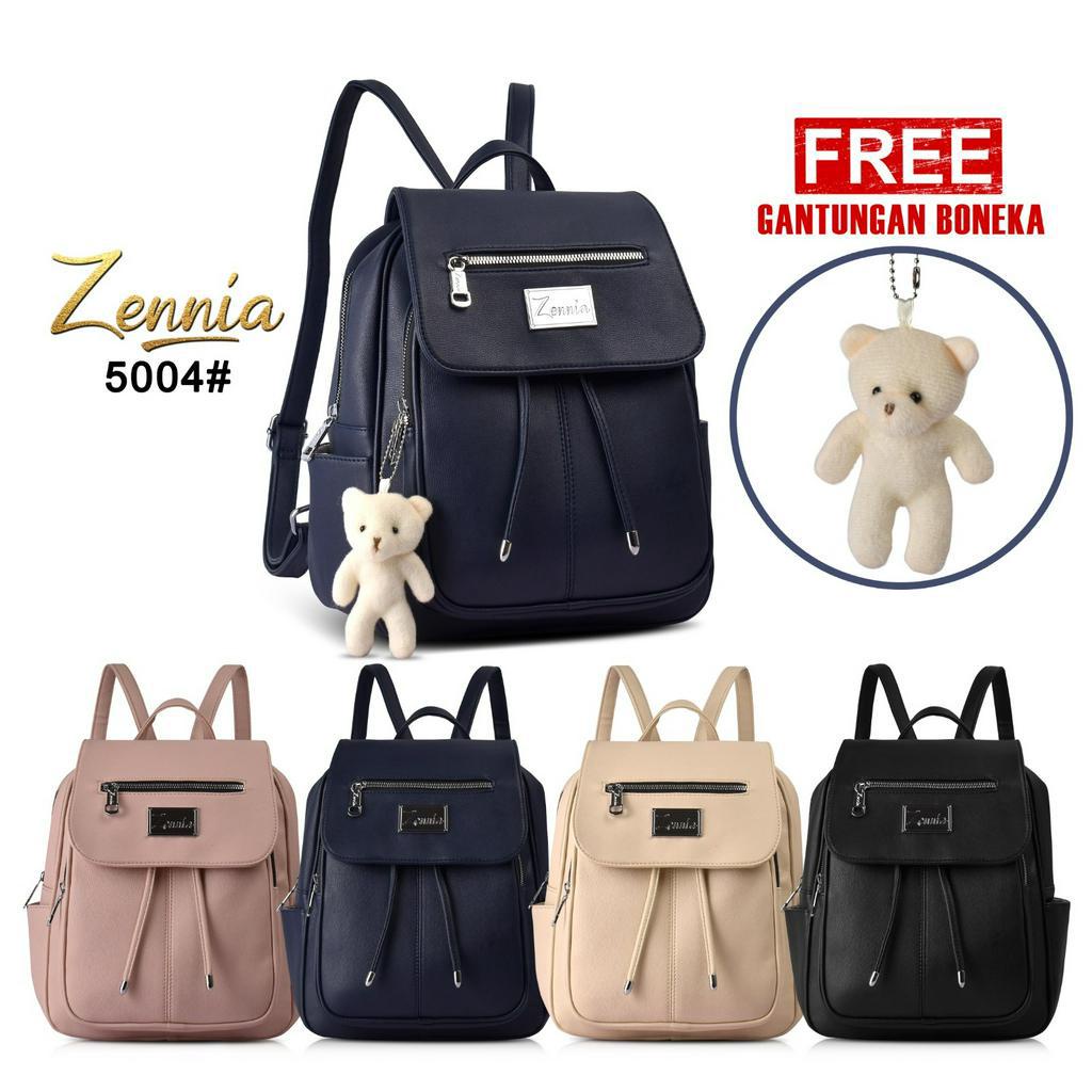 Tas Ransel Kulit Fashion Zennia 5004 Tas Wanita Korea Backpack Punggung Anak Remaja Sekolah Kuliah Kerja Outdoor Trendy Fashion Free Boneka