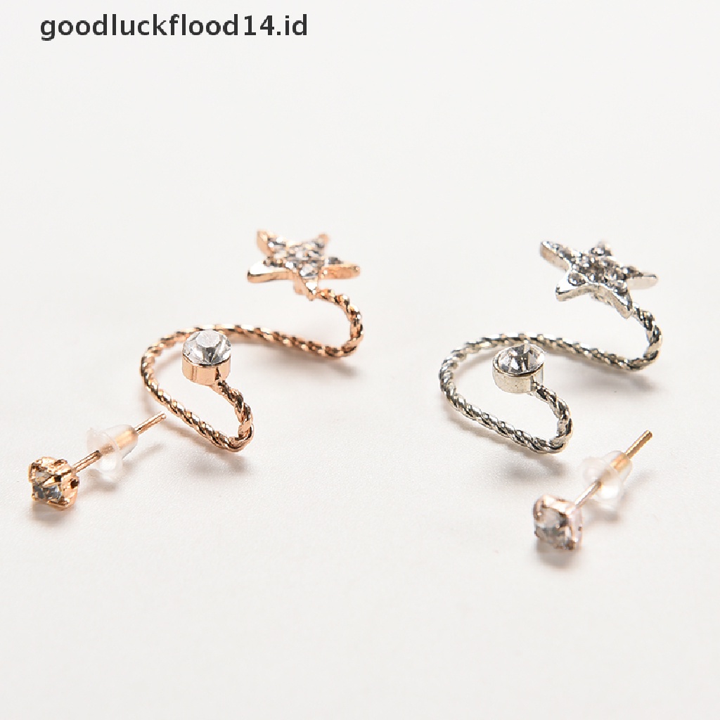 [OOID] Women Fashion Sparkling Crystal Pentagram Ear Clip Trendy Ear Cuffs Stud Earings ID