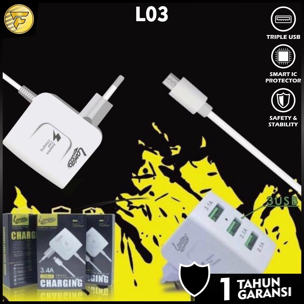 L-03 Charger 3port USB + kabel sambung micro USB