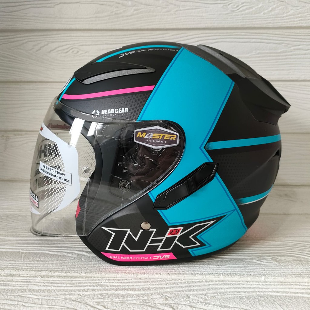 HELM NHK R1 MOTIF NAPOLEON BLACK LIGHT BLUE DOFF DOUBLE VISOR HALF FACE R1