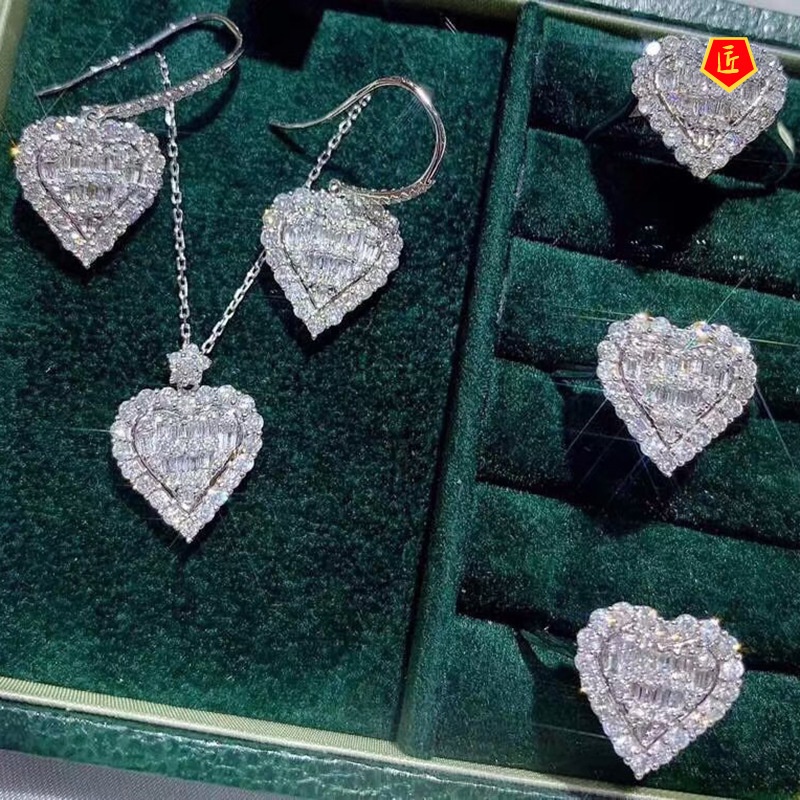 [Ready Stock]Heart-Shaped Full Diamond Pendant Moissanite Ring Earings Set