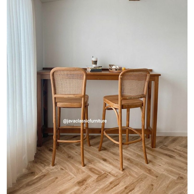 1SET KURSI MEJA BAR CAFE RESTORANT RETRO ROTAN MINIMALIS VINTAGE KAYU JATI TUA GRADE A FINISHING NATURAL DOFF FURNITURE JEPARA-2