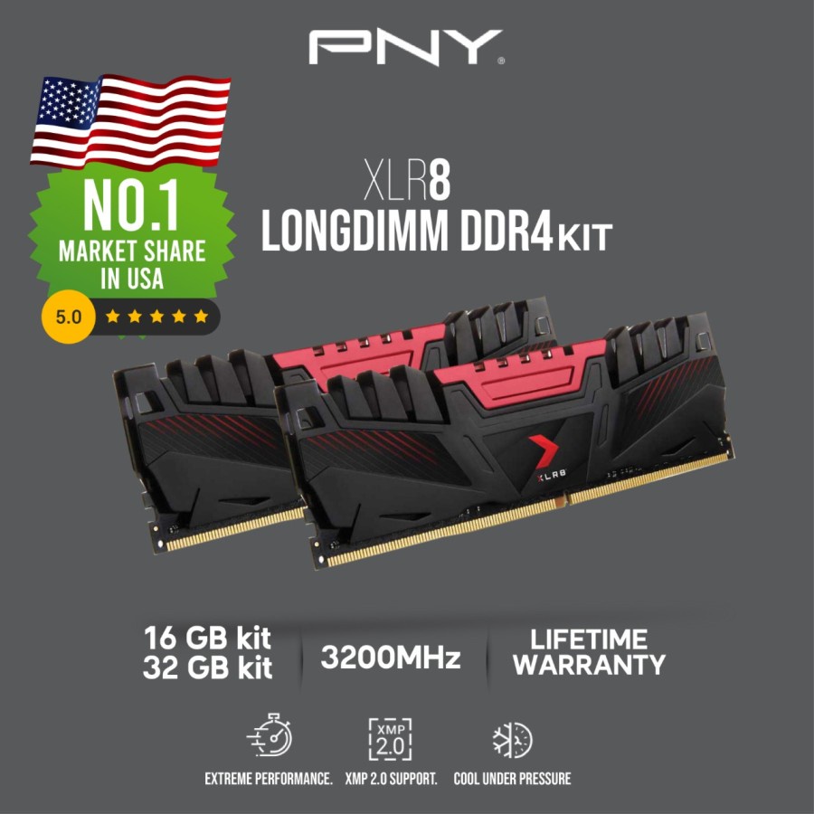 Ram PC PNY XLR8 Ddr4 16GB (2x8GB) PC25600 3200Mhz LONGDIMM Memory