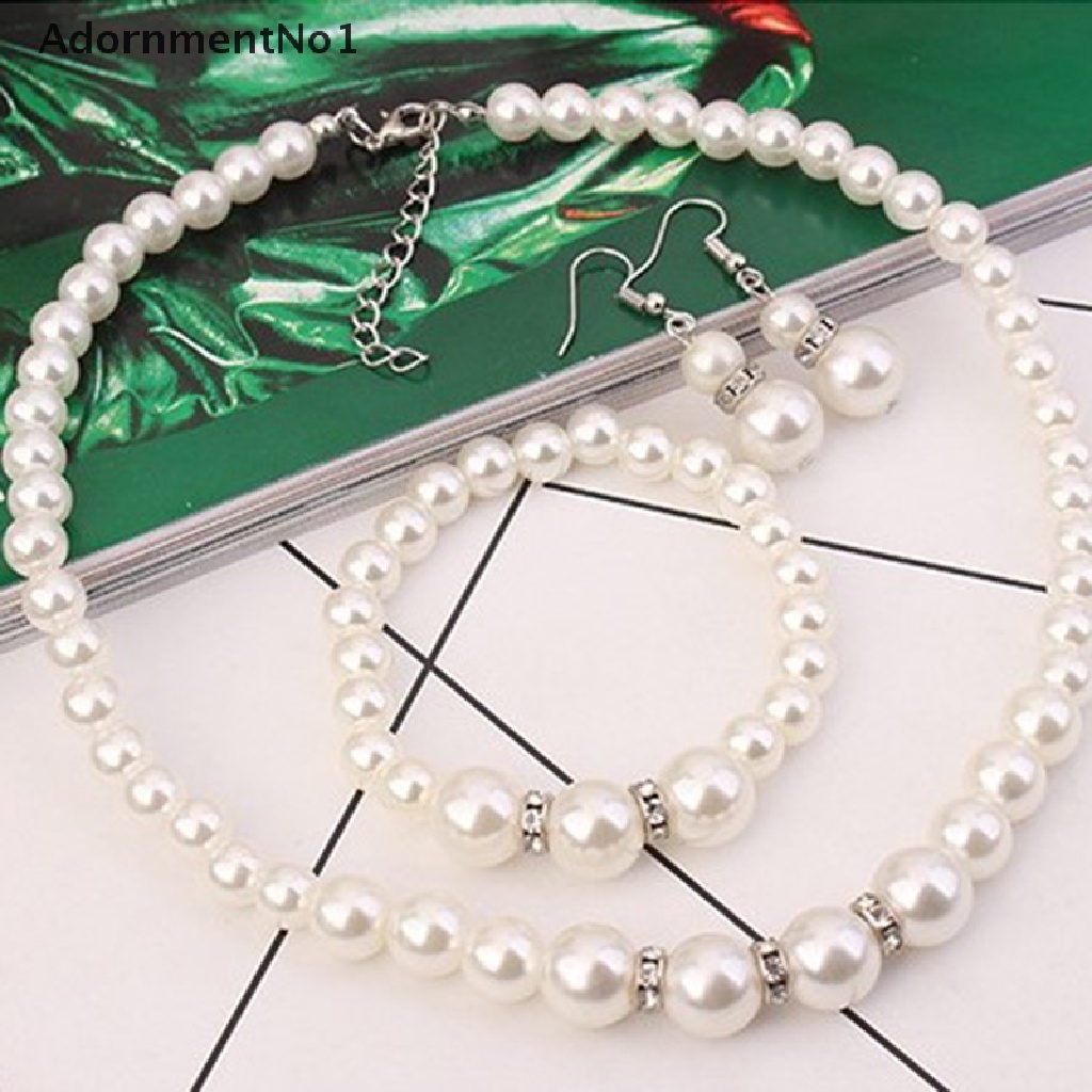 (AdornmentNo1) Set Kalung + Gelang + Anting Gantung Tusuk Aksen Mutiara + Kristal Untuk Perhiasan Wanita / Pernikahan