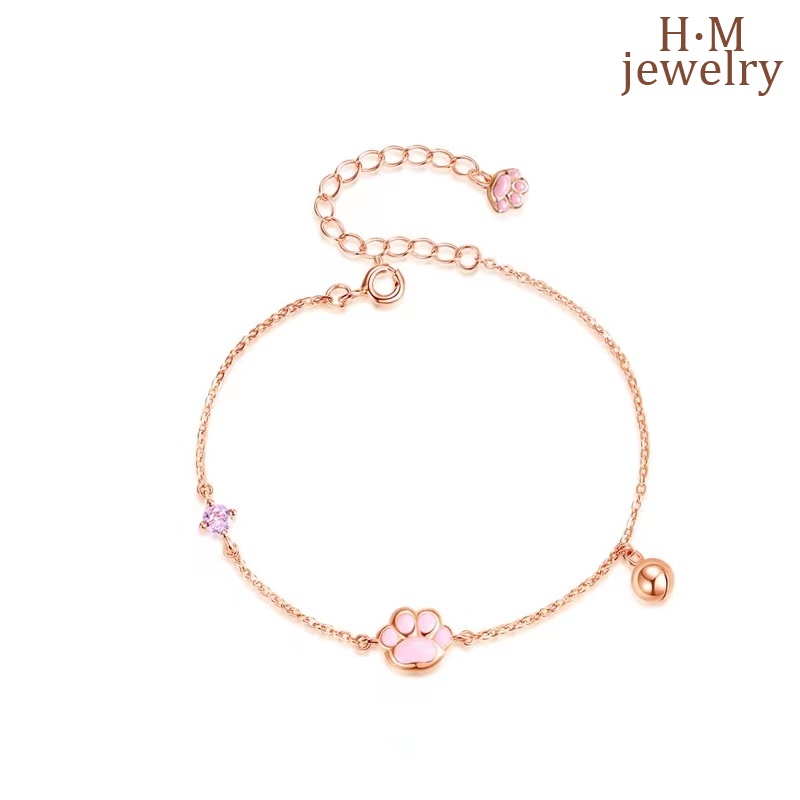 Gelang Tangan Rantai Sterling Silver 925 Aksen Telapak Kaki Kucing + Lonceng Untuk Wanita