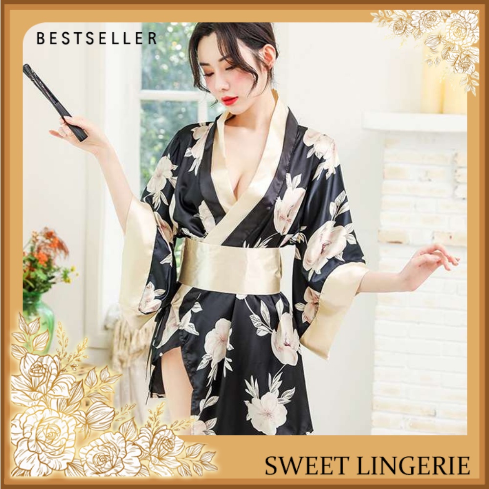 Baju Tidur Malam Wanita Sexy Dress Lingerie Kimono Set Lingerie + G String Sexy Model Kimono Mewah S