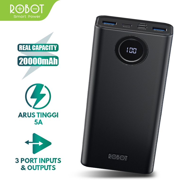 Power Bank ROBOT 20000mah RT23 Quick Charging Powerbank 20000 MAH 3 Port Input &amp; Output Original Led Indicator - Garansi Resmi 1 Tahun