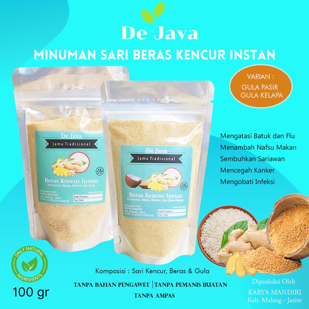 

Beras Kencur Instan Dejava Beras Kencur Bubuk Minuman Jamu Tradisional Sari Kencur Tanpa Ampas Gula Putih Gula Kelapa Coconut Sugar 100 gram