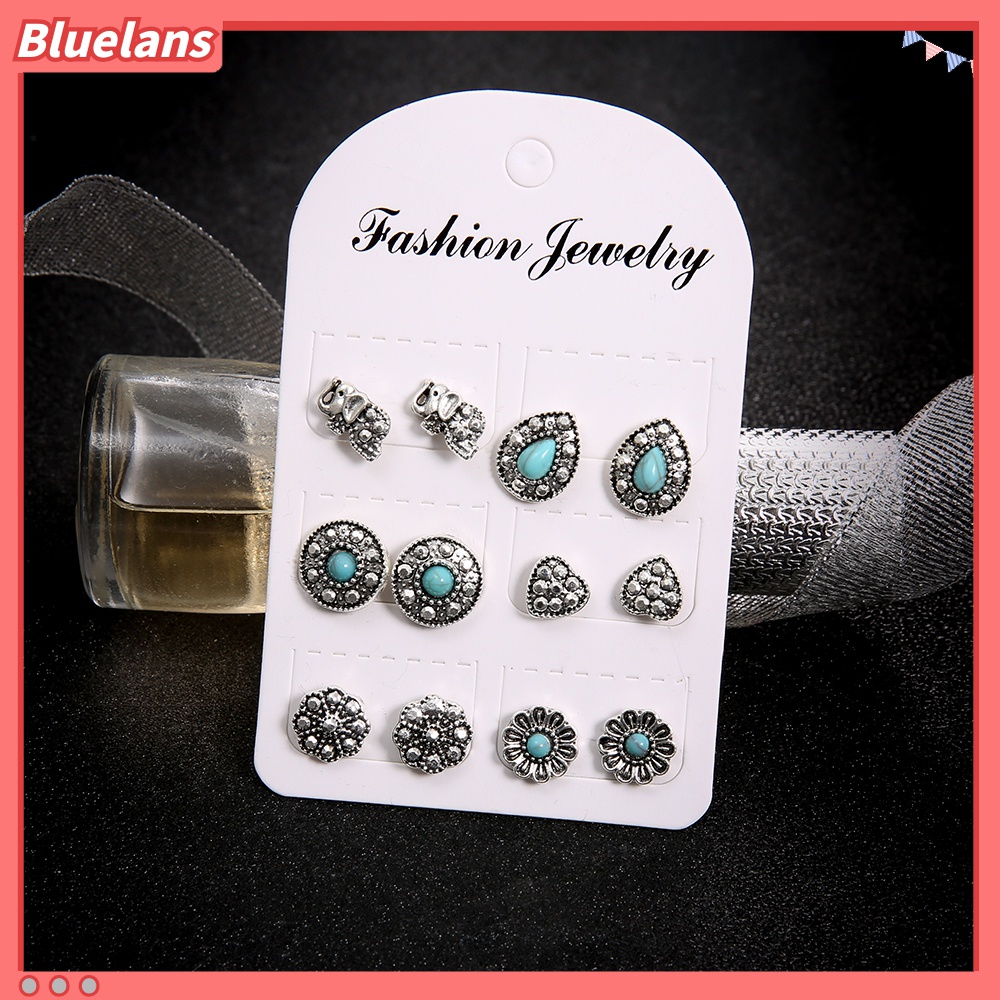 6 Pasang / Set Anting Stud Desain Gajah Hati Turquoise Gaya Boho Untuk Wanita