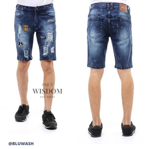 Wisdom / Short Pants Ripped  Skinny Jeans Celana Pendek Pria Sticker Motive Material Denim Softjeans Stretch ORIGINAL - Blue wash