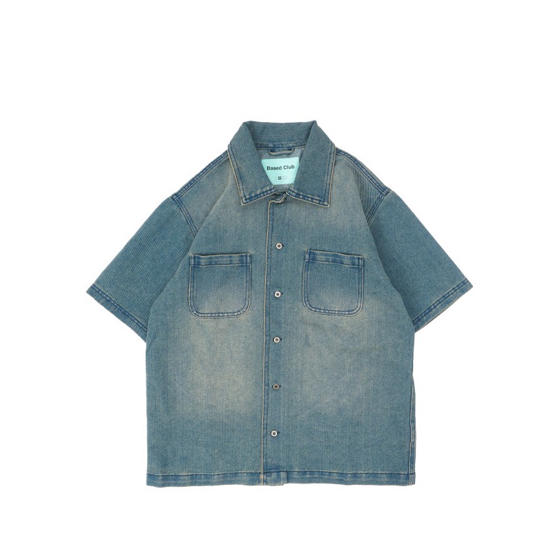 Based Club Vaselina Kemeja Lengan Pendek Denim Washing Biru