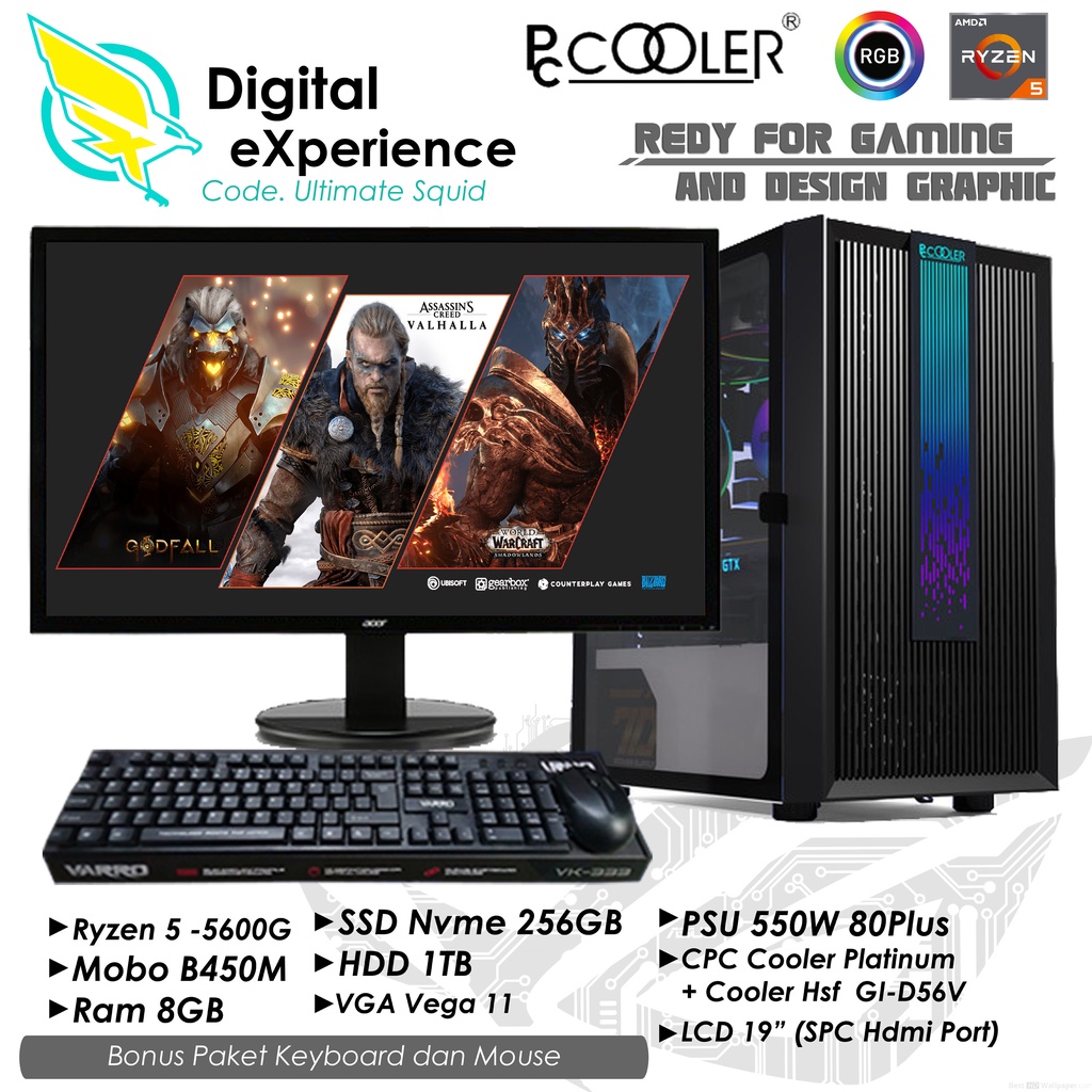 PC FullSet AMD Ryzen 5 5600G, Ram 8GB, Nvme 256GB, HDD 1TB, Versi GAMING - DX Komputer