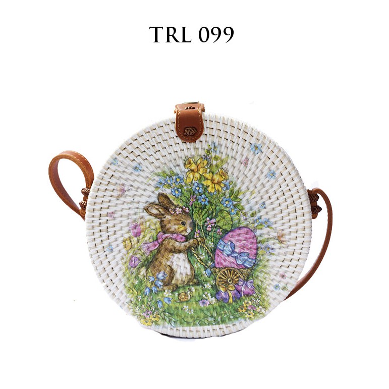 Sweet Honey ~ Grosir Tas Rotan Bulat MurahLukis Decoupage Rabbit Kelinci TRL 099 Diameter 20cm [Bisa COD]
