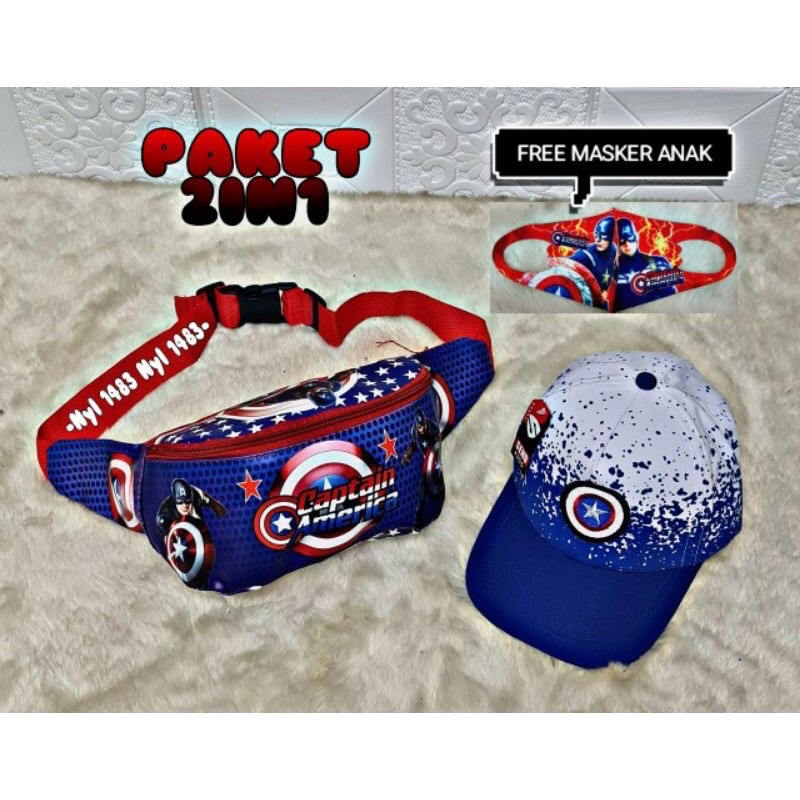 (BISA COD) PAKET 2 IN 1 ,WAISTBAG ANAK LAKI LAKI MOTIF SUPERHERO DAN TOPI ANAK LAKI LAKI MOTIF CAPTAIN AMERIKA FREE MASKER