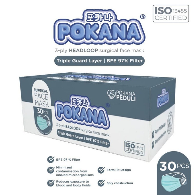 masker pokana headloop surgical face mask 30 pcs box