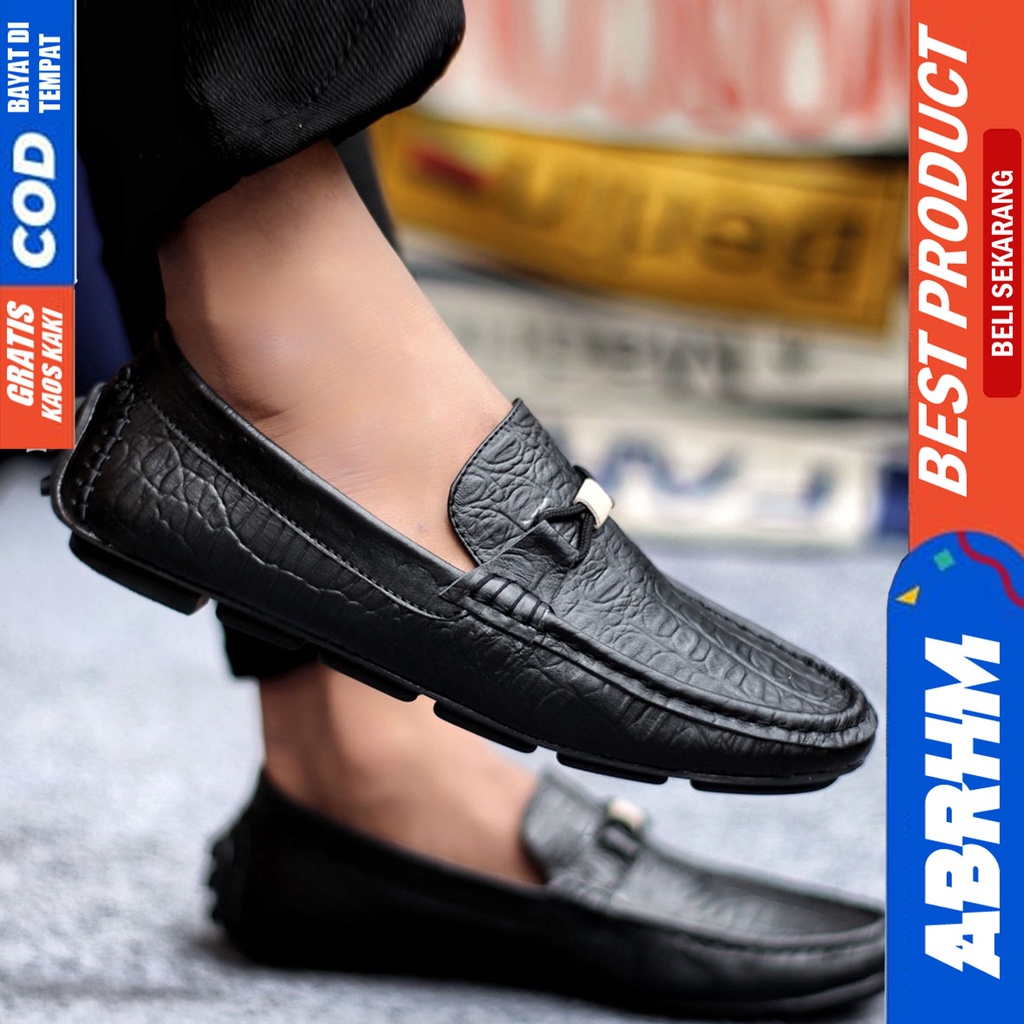 Sepatu Casual Pria Formal Slip On Pantofel Kulit Asli Kerja Kantor Kondangan Kuliah Hitam Fashion Shoes Terbaru Murah Kekinian Original PARIS ABRHM