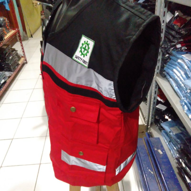 ROMPI SAFETY PREMIUM BAHAN FULL KAIN DRILL DALAM PAKAI FURING FREE LOGO 4 KANTONG MERAH HITAM