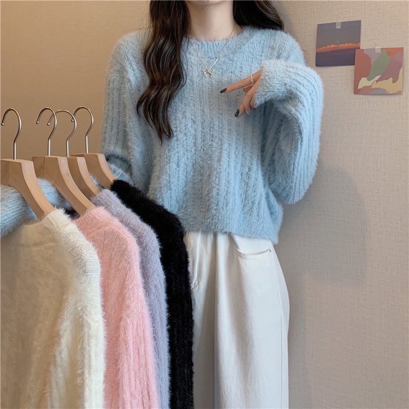 Sweater Bulu Rajut Polos Wanita Lengan Panjang Knitwear Putih Oversize