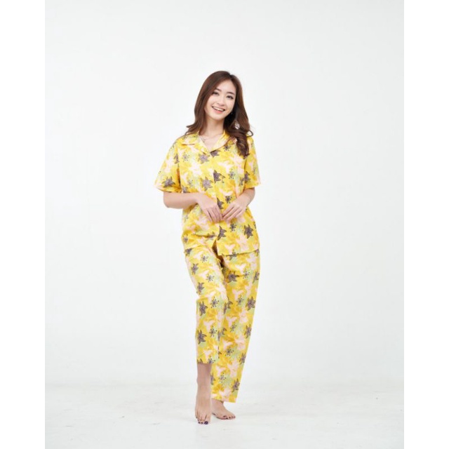 Baju Tidur Piyama Wanita Dewasa Piyama Baju Santai Motif Bunga-Shuriken Yellow